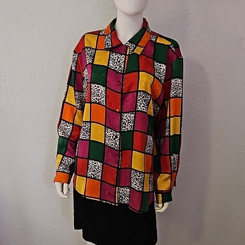 LAURA & JAYNE Colorful Satin Checkerboard Leopard Print Button Down Shirt - Picture 3 of 6